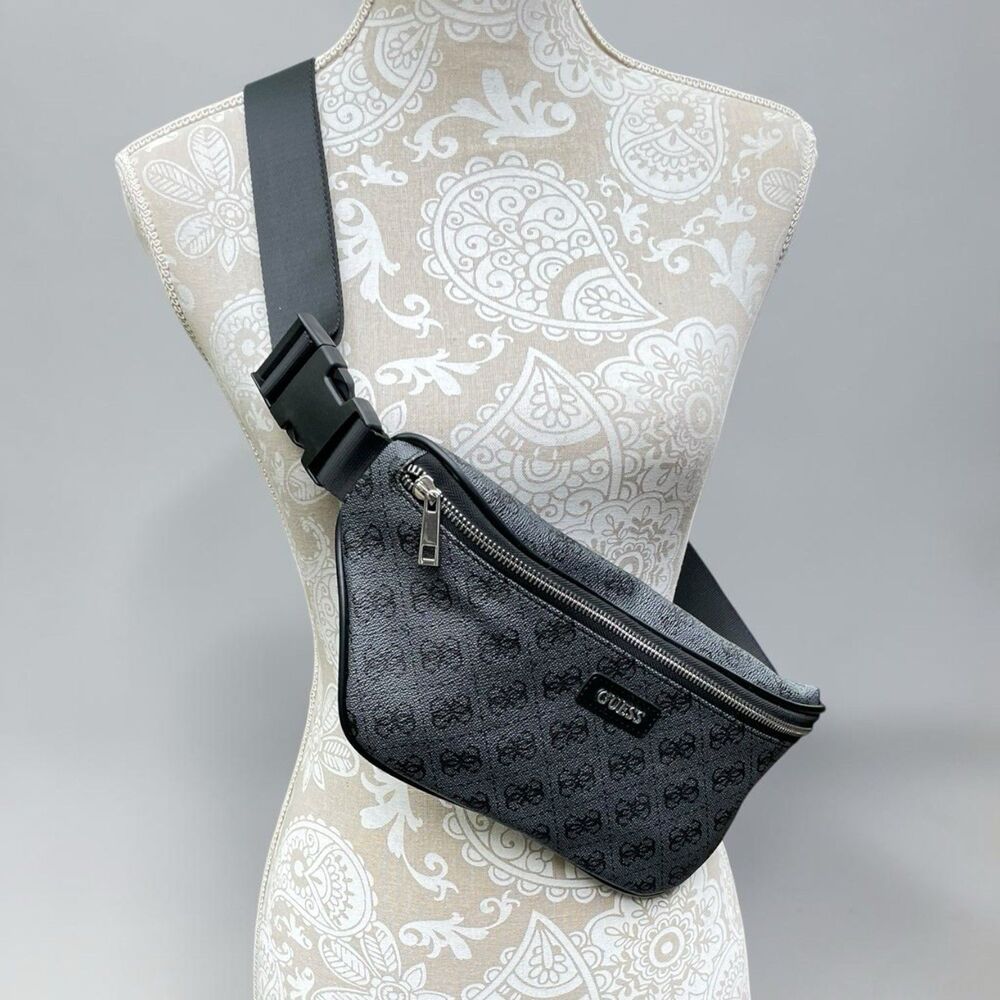 Guess Don Logo Belt Bag Gray Black Quattro G Saffiano Faux Leather Crossbody